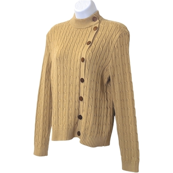 Lauren Ralph Lauren 100% Cotton Cable Knit Sweater Off Center Buttons Camel P/L - Picture 10 of 10
